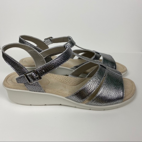 Lands End Metallic Leather Comfort Wedge Sandals - Picture 7 of 11